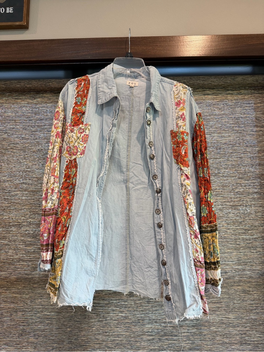 POL Light Blue Denim Jacket with Floral Patchwork Sleeves